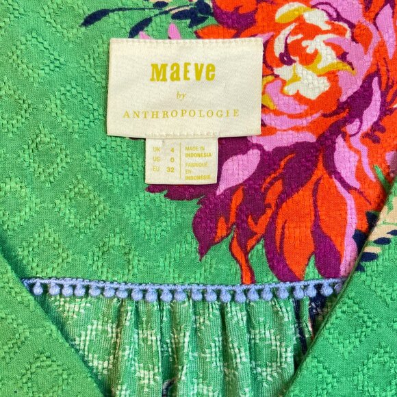 Maeve Green Floral Button Front Blouse, V-Neck Puff Sleeve Top, Vintage-Inspired - Picture 6 of 9